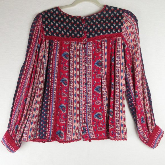 Maeve for Anthropologie Gretchen Blouse Size 2 Red Patchwork Floral LS Peasant - Picture 6 of 13